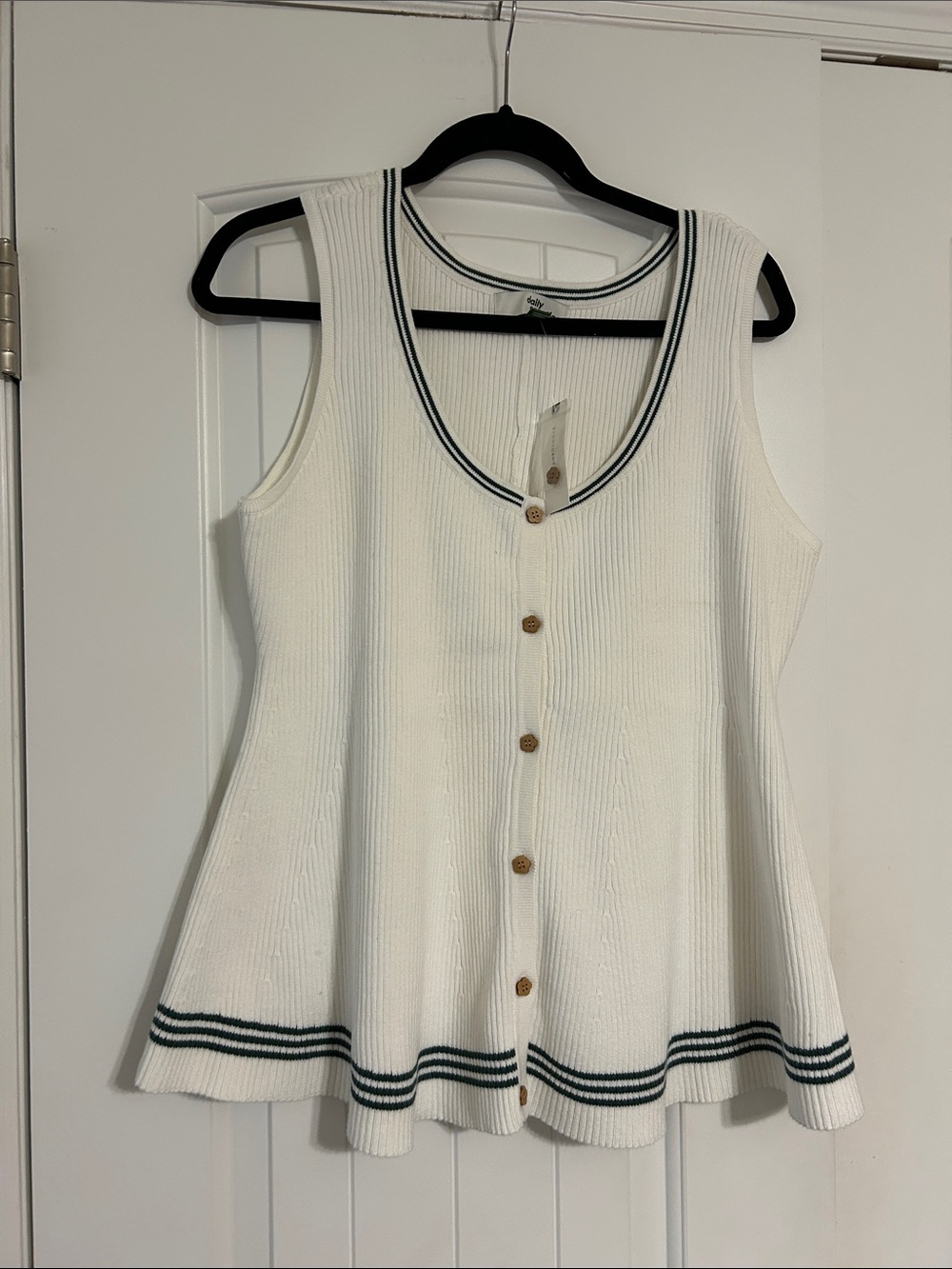 Cream Ribbed Button-Front Tank and Short Set with Green Stripe Trim